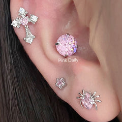 Pink Zircon Cross Ear Bone Stud Titanium Steel Twist Screw Fireworks Cut Ear Ear Bone Pin Butterfly Earrings