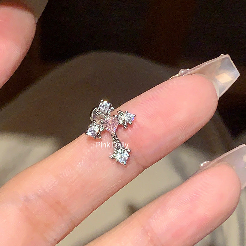Pink Zircon Cross Ear Bone Stud Titanium Steel Twist Screw Fireworks Cut Ear Ear Bone Pin Butterfly Earrings