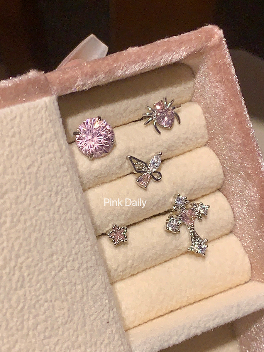 Pink Zircon Cross Ear Bone Stud Titanium Steel Twist Screw Fireworks Cut Ear Ear Bone Pin Butterfly Earrings