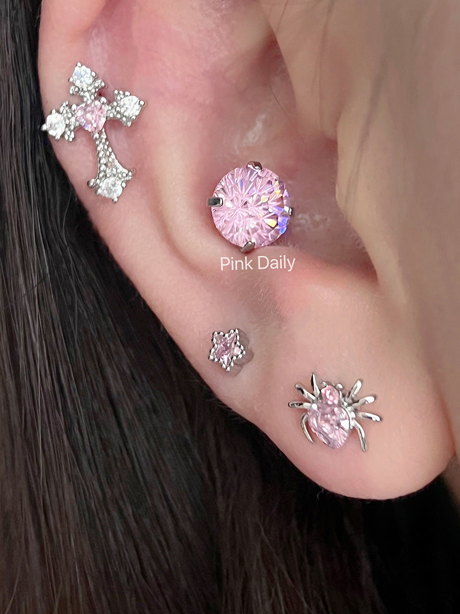 Pink Zircon Cross Ear Bone Stud Titanium Steel Twist Screw Fireworks Cut Ear Ear Bone Pin Butterfly Earrings