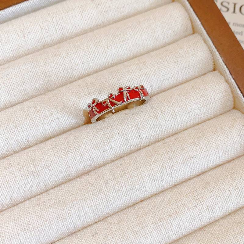 Zircon Oil Dripping Bow Heart-Shaped Open Ring