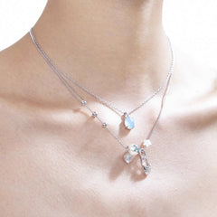 Aquamarine Crystal Dance Shoe Necklace Twin Short Pearl Necklace