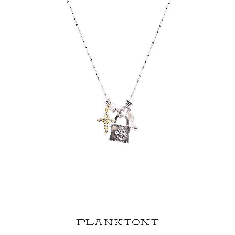 Gold and Silver Cross Necklace Silver Lock Pendant Pearl Sterling Silver Clavicle Chain Silver Lock Bone Chain