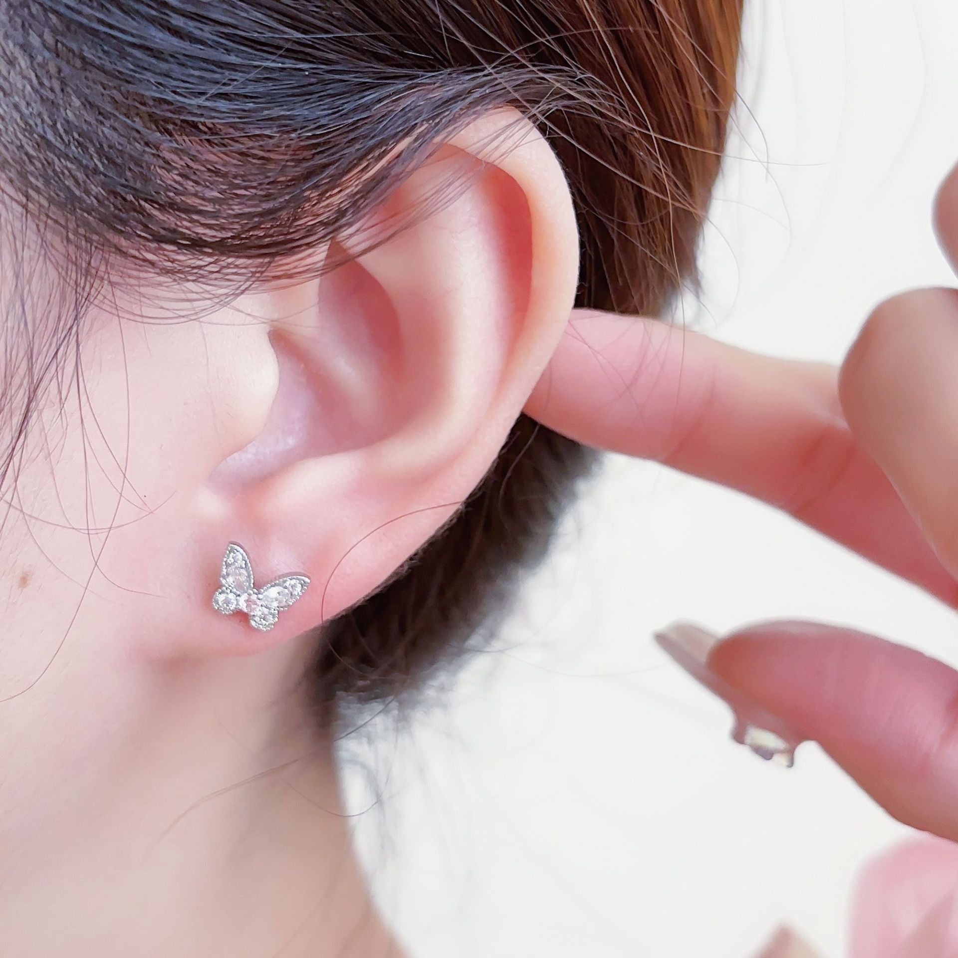 Micro Pave Zircon Butterfly Pink Blue White Three-Color Stud Earrings