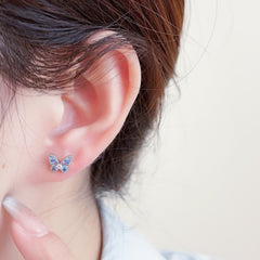 Micro Pave Zircon Butterfly Pink Blue White Three-Color Stud Earrings
