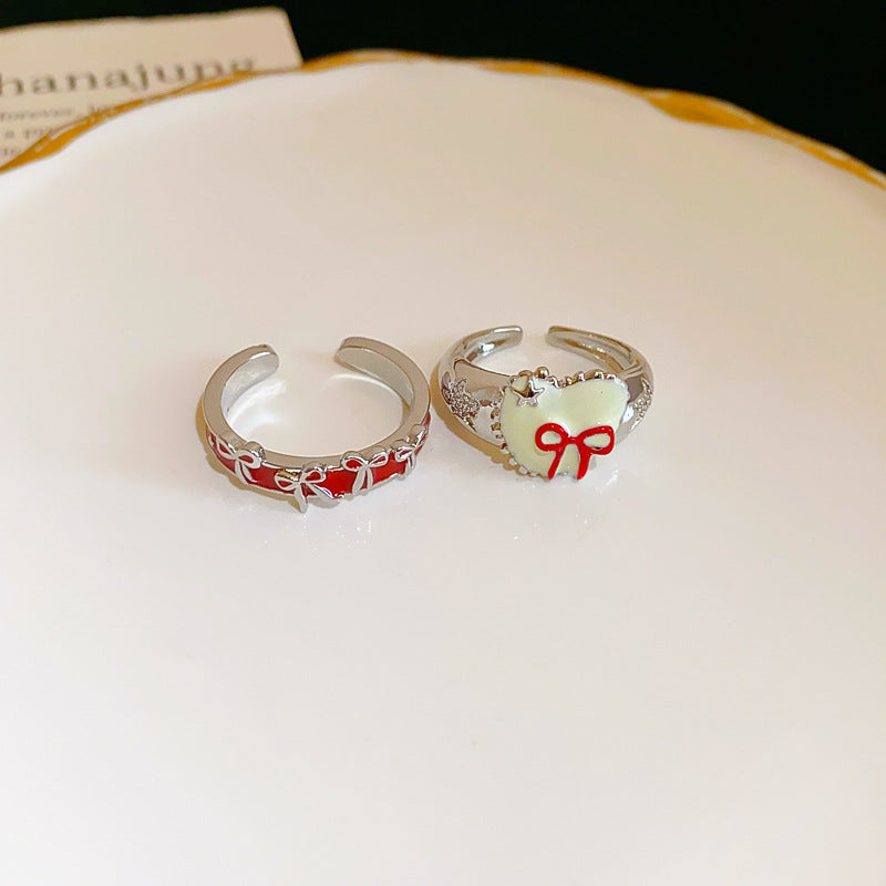 Zircon Oil Dripping Bow Heart-Shaped Open Ring