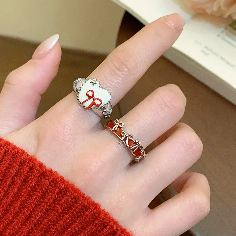Zircon Oil Dripping Bow Heart-Shaped Open Ring
