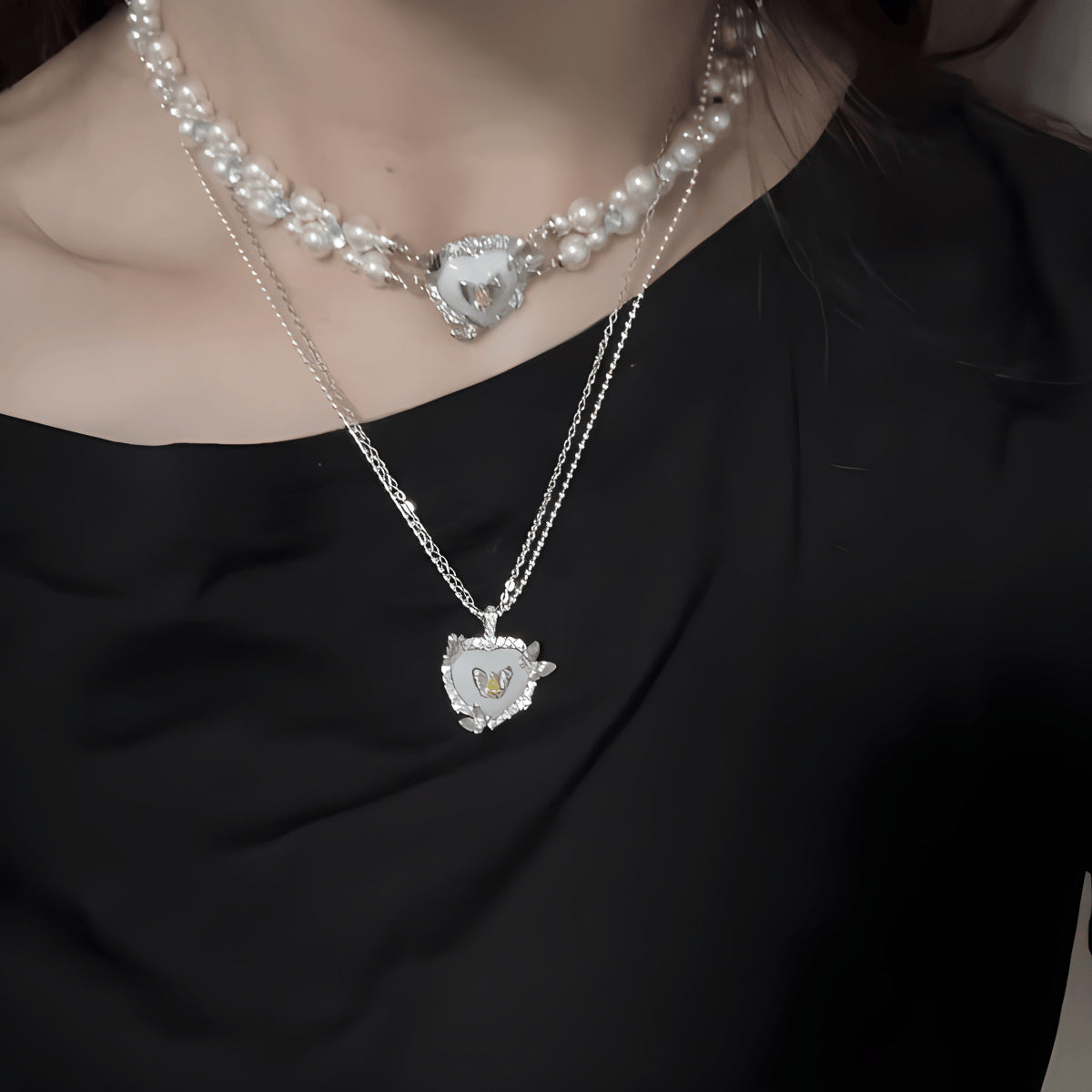 French Retro Heart Butterfly Double Layer Chain