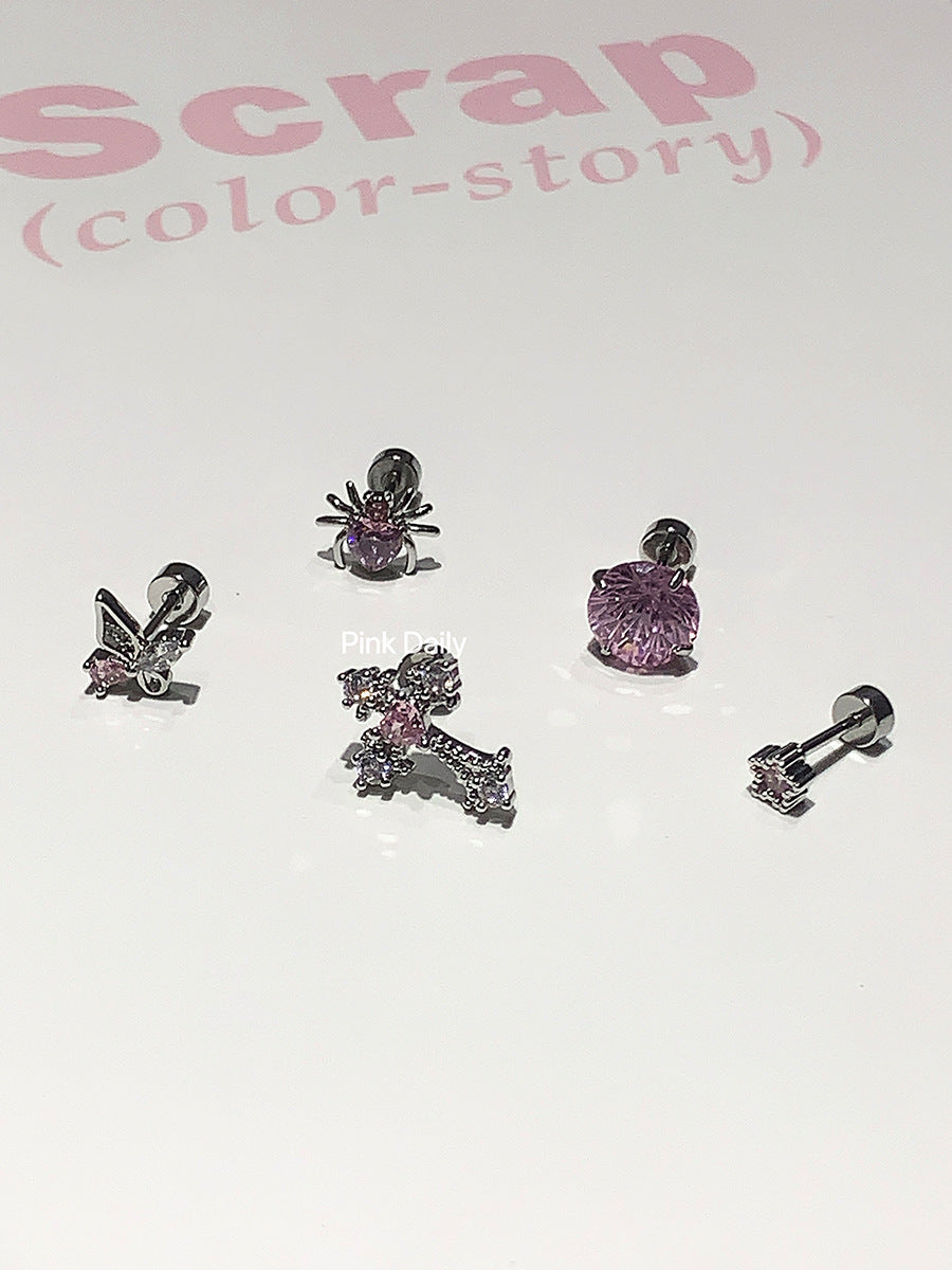 Pink Zircon Cross Ear Bone Stud Titanium Steel Twist Screw Fireworks Cut Ear Ear Bone Pin Butterfly Earrings