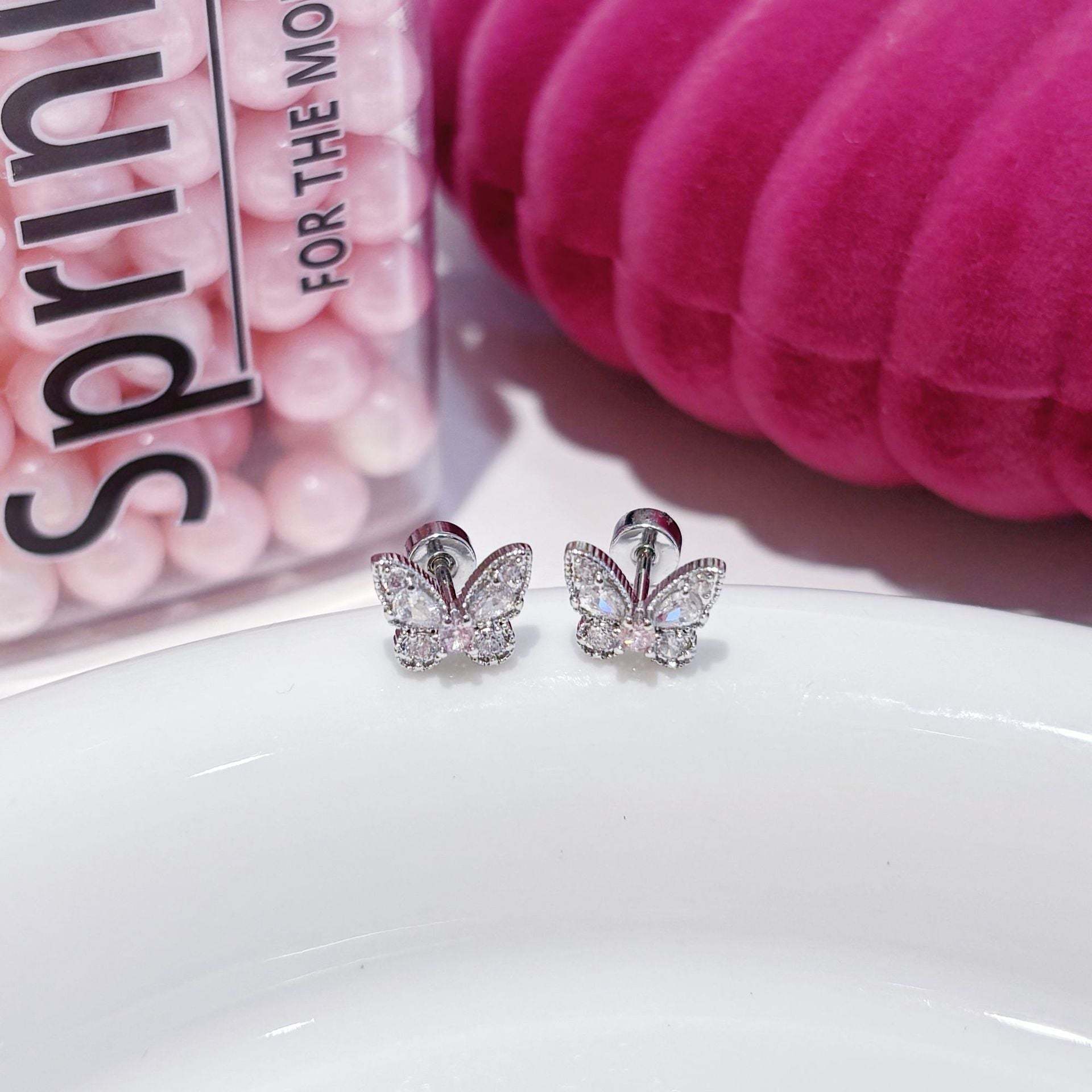 Micro Pave Zircon Butterfly Pink Blue White Three-Color Stud Earrings