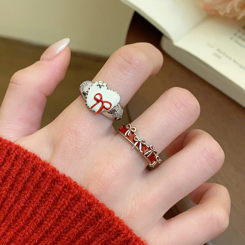 Zircon Oil Dripping Bow Heart-Shaped Open Ring