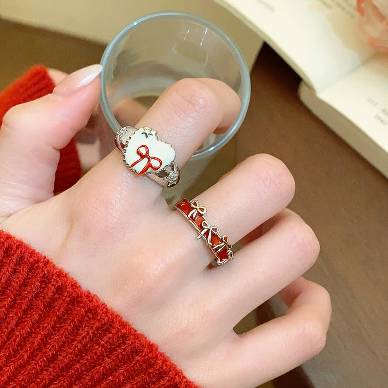 Zircon Oil Dripping Bow Heart-Shaped Open Ring