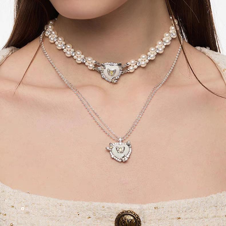 French Retro Heart Butterfly Double Layer Chain