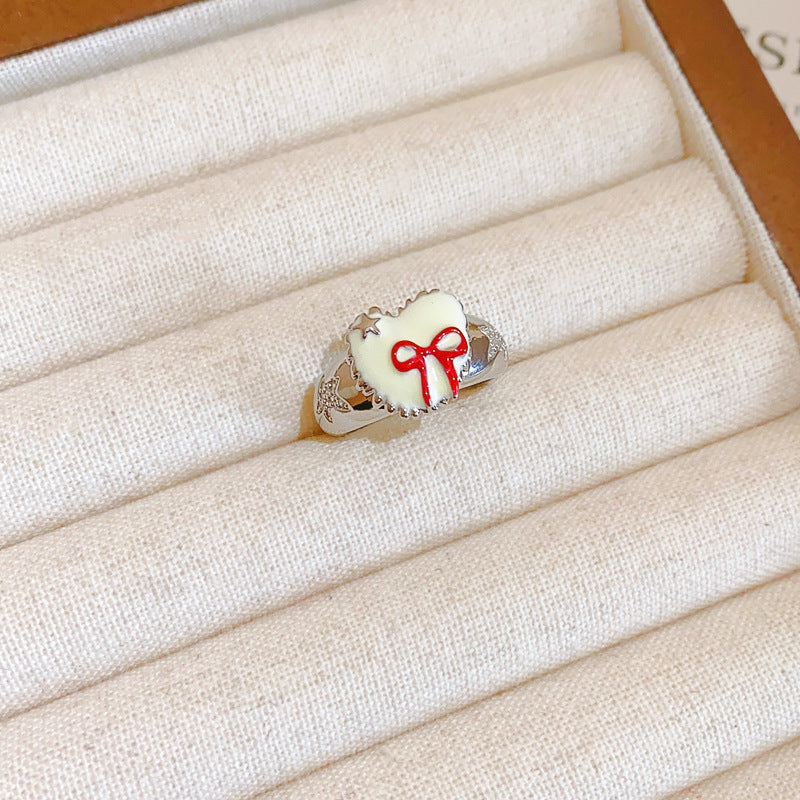 Zircon Oil Dripping Bow Heart-Shaped Open Ring