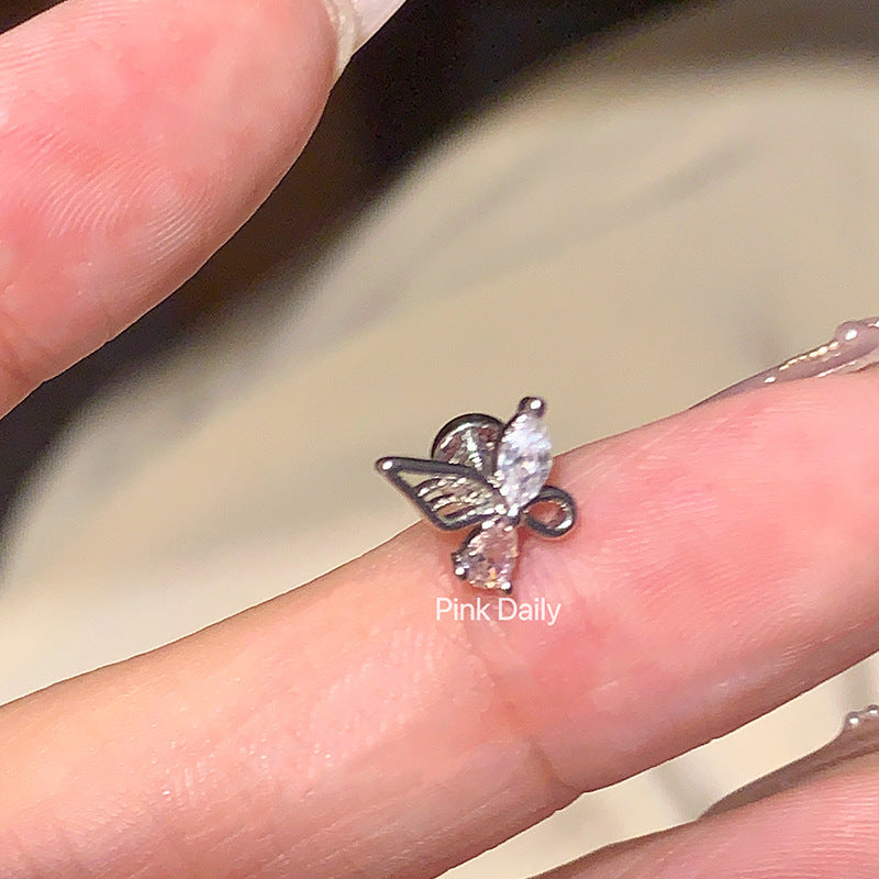 Pink Zircon Cross Ear Bone Stud Titanium Steel Twist Screw Fireworks Cut Ear Ear Bone Pin Butterfly Earrings