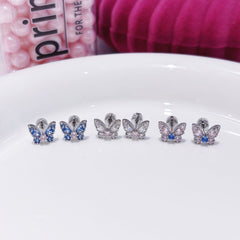 Micro Pave Zircon Butterfly Pink Blue White Three-Color Stud Earrings