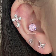 Pink Zircon Cross Ear Bone Stud Titanium Steel Twist Screw Fireworks Cut Ear Ear Bone Pin Butterfly Earrings
