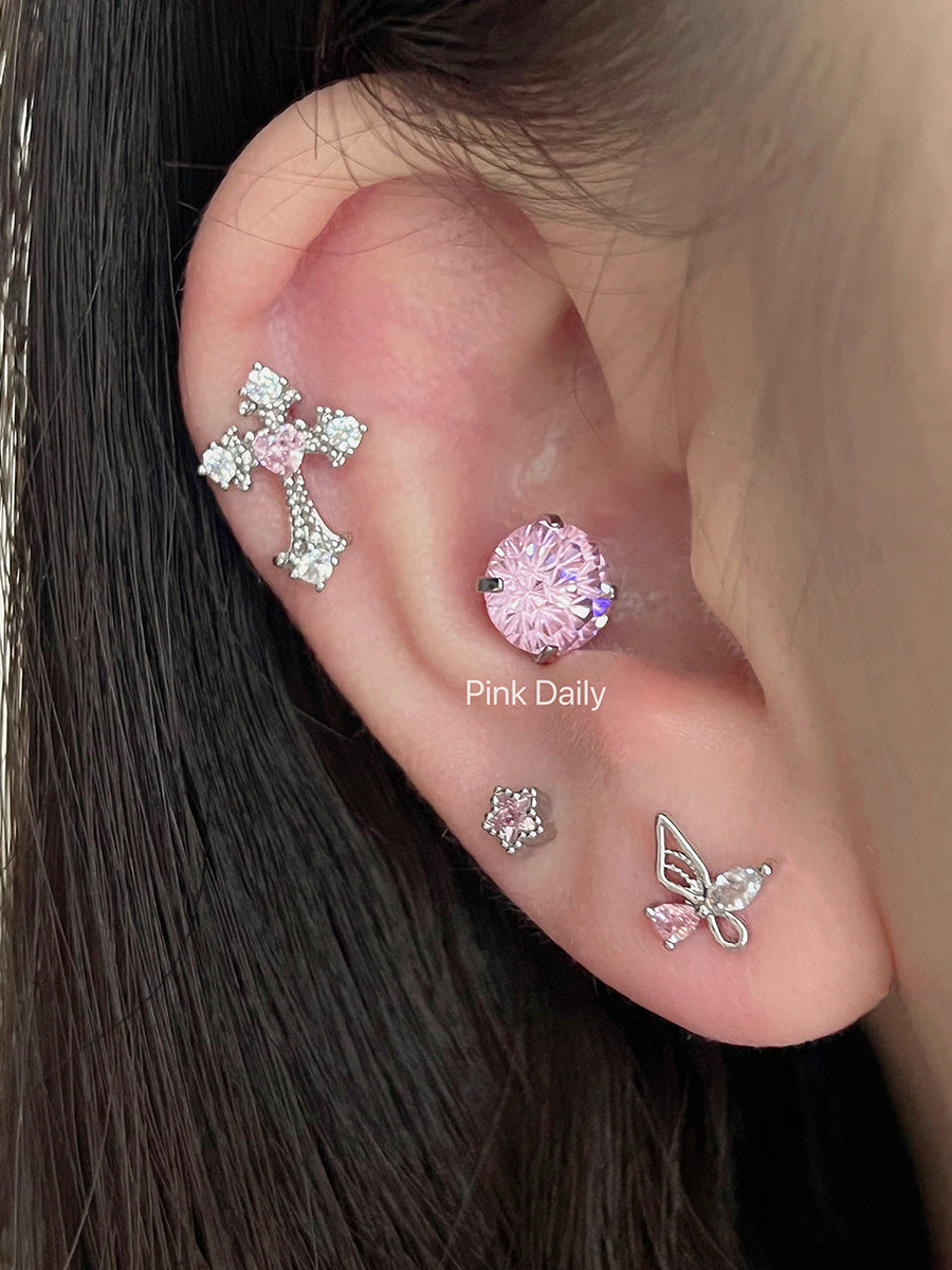 Pink Zircon Cross Ear Bone Stud Titanium Steel Twist Screw Fireworks Cut Ear Ear Bone Pin Butterfly Earrings