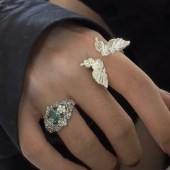 Hollow Pentagram Ancient Silver Butterfly Opening Ring