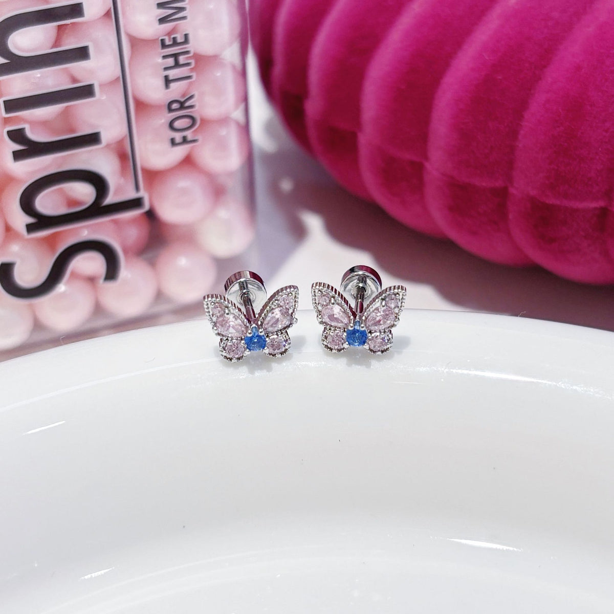 Micro Pave Zircon Butterfly Pink Blue White Three-Color Stud Earrings