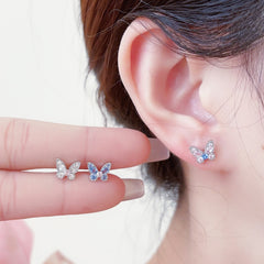 Micro Pave Zircon Butterfly Pink Blue White Three-Color Stud Earrings