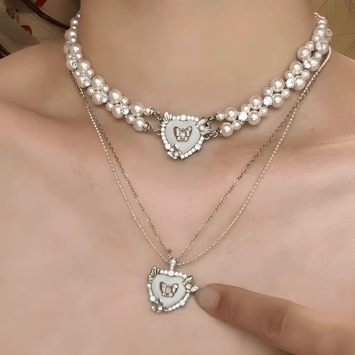 French Retro Heart Butterfly Double Layer Chain