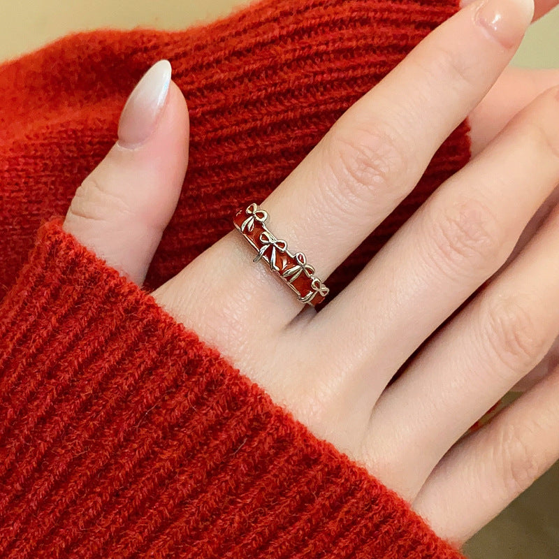 Zircon Oil Dripping Bow Heart-Shaped Open Ring