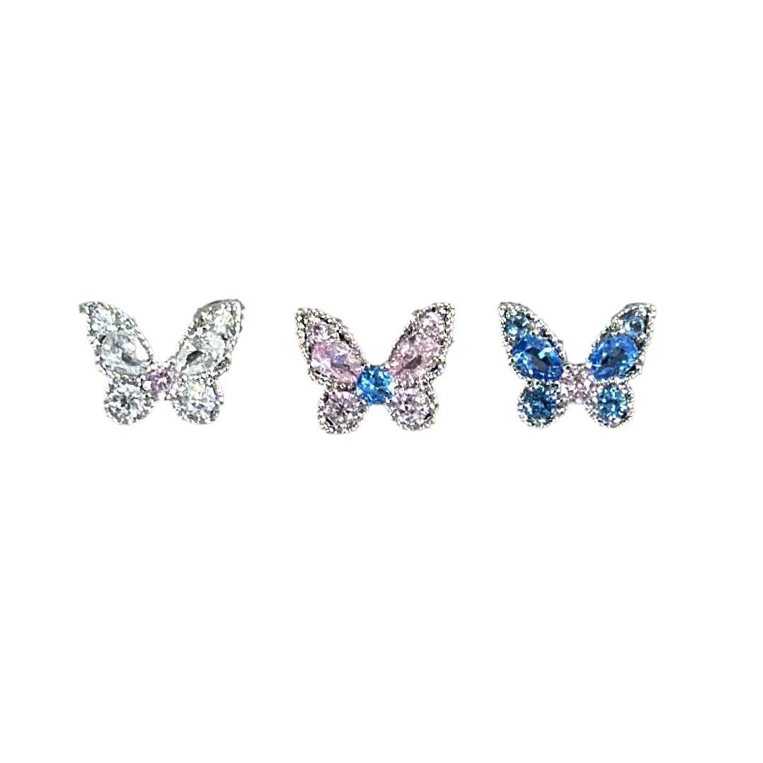 Micro Pave Zircon Butterfly Pink Blue White Three-Color Stud Earrings