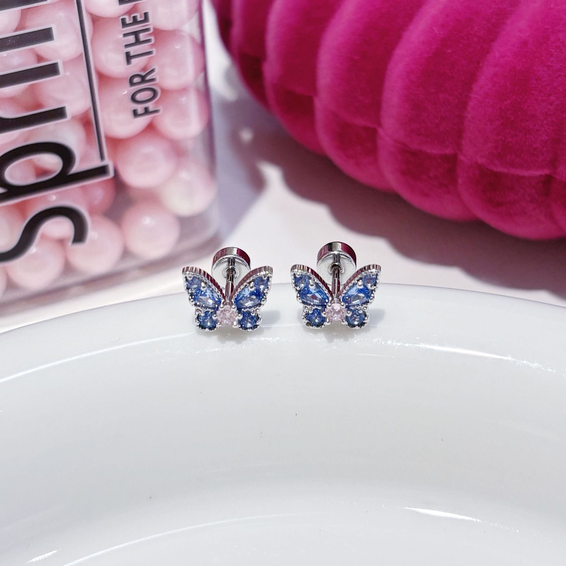 Micro Pave Zircon Butterfly Pink Blue White Three-Color Stud Earrings