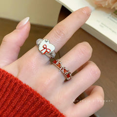 Zircon Oil Dripping Bow Heart-Shaped Open Ring