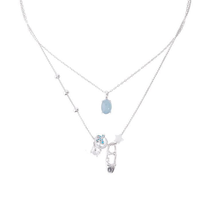 Aquamarine Crystal Dance Shoe Necklace Twin Short Pearl Necklace