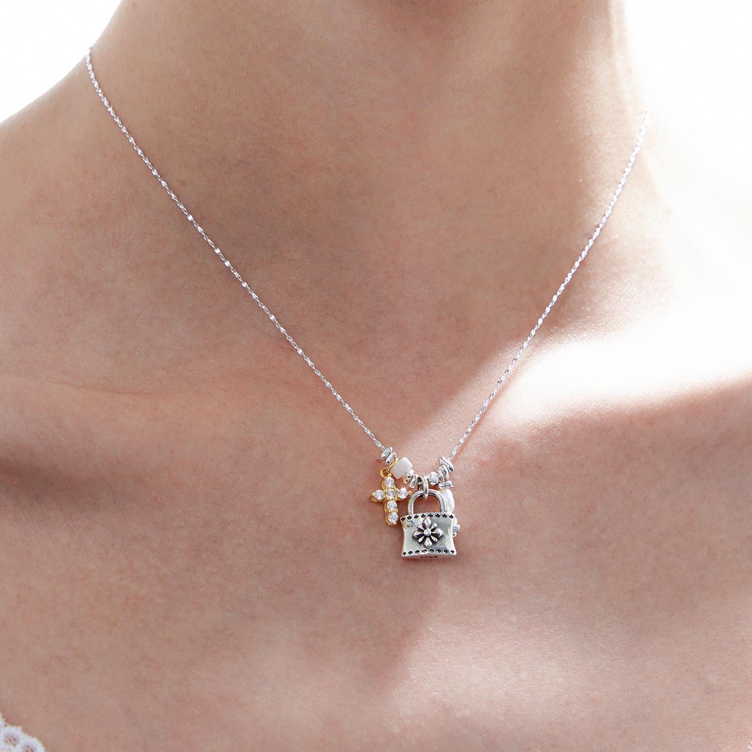 Gold and Silver Cross Necklace Silver Lock Pendant Pearl Sterling Silver Clavicle Chain Silver Lock Bone Chain
