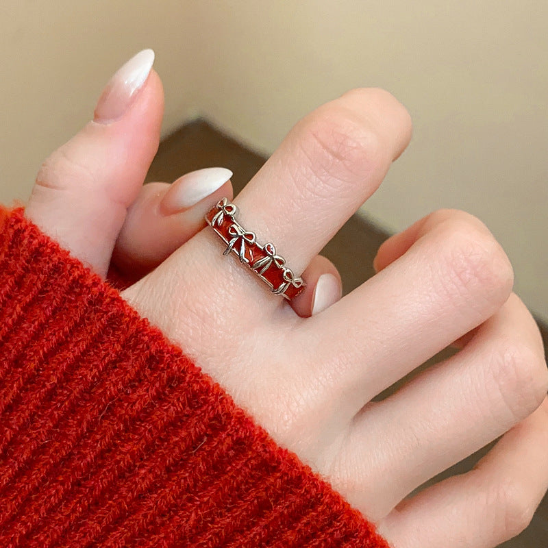 Zircon Oil Dripping Bow Heart-Shaped Open Ring