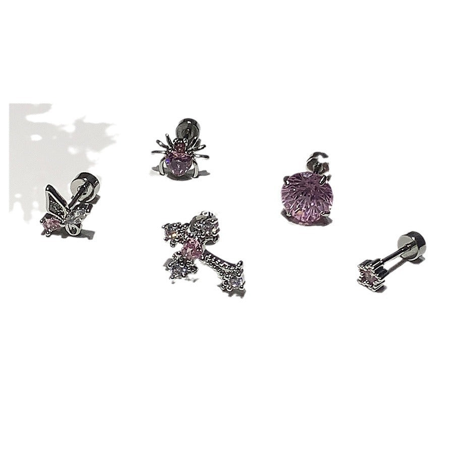 Pink Zircon Cross Ear Bone Stud Titanium Steel Twist Screw Fireworks Cut Ear Ear Bone Pin Butterfly Earrings