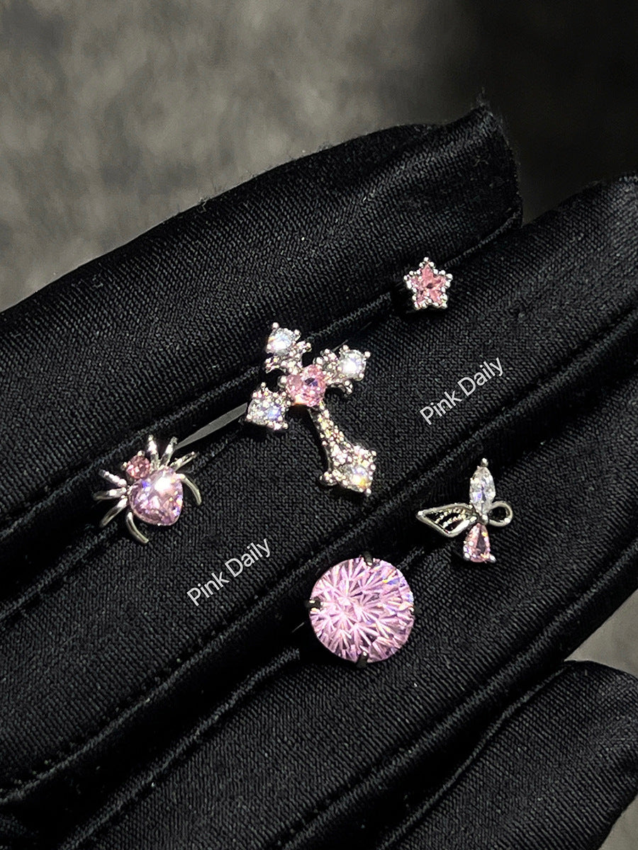 Pink Zircon Cross Ear Bone Stud Titanium Steel Twist Screw Fireworks Cut Ear Ear Bone Pin Butterfly Earrings